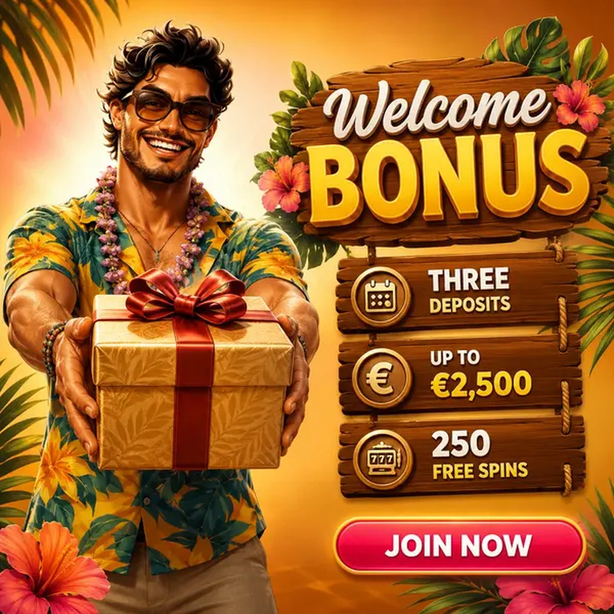 Coffret cadeau de bonus de bienvenue présenté lors de la célébration tropicale Gambloria