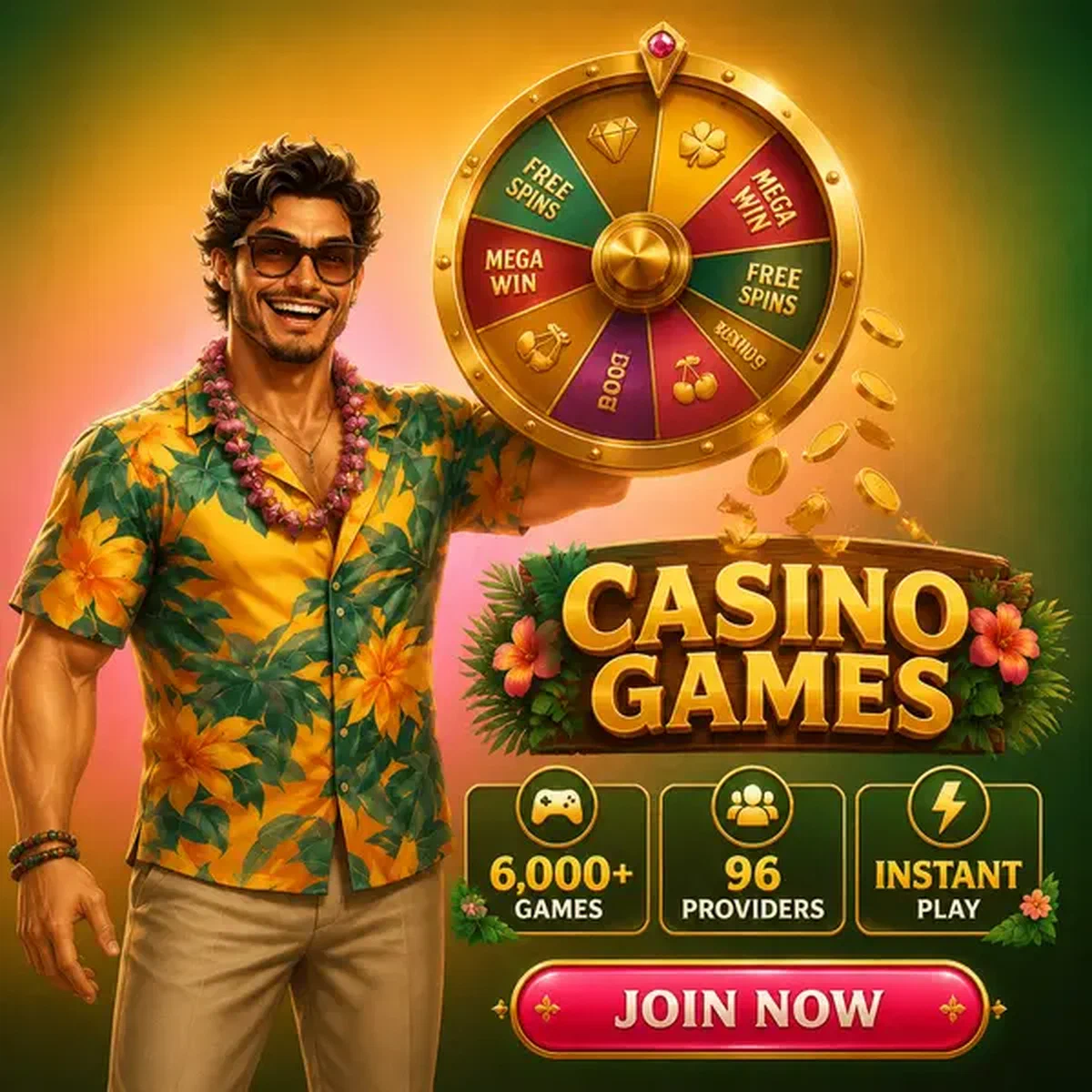Hôte athlétique célébrant avec une roue de prix dorée dans le lobby des Jeux de Gambloria Casino