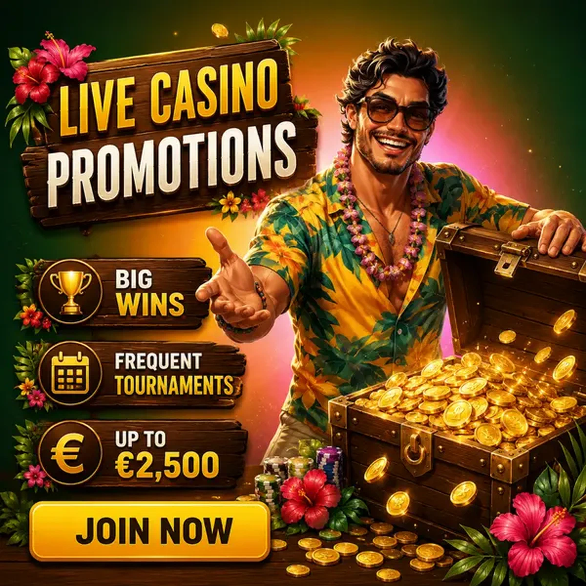 Hôte de fête ouvrant un coffre au trésor de gros gains aux tables de casino en direct Gambloria