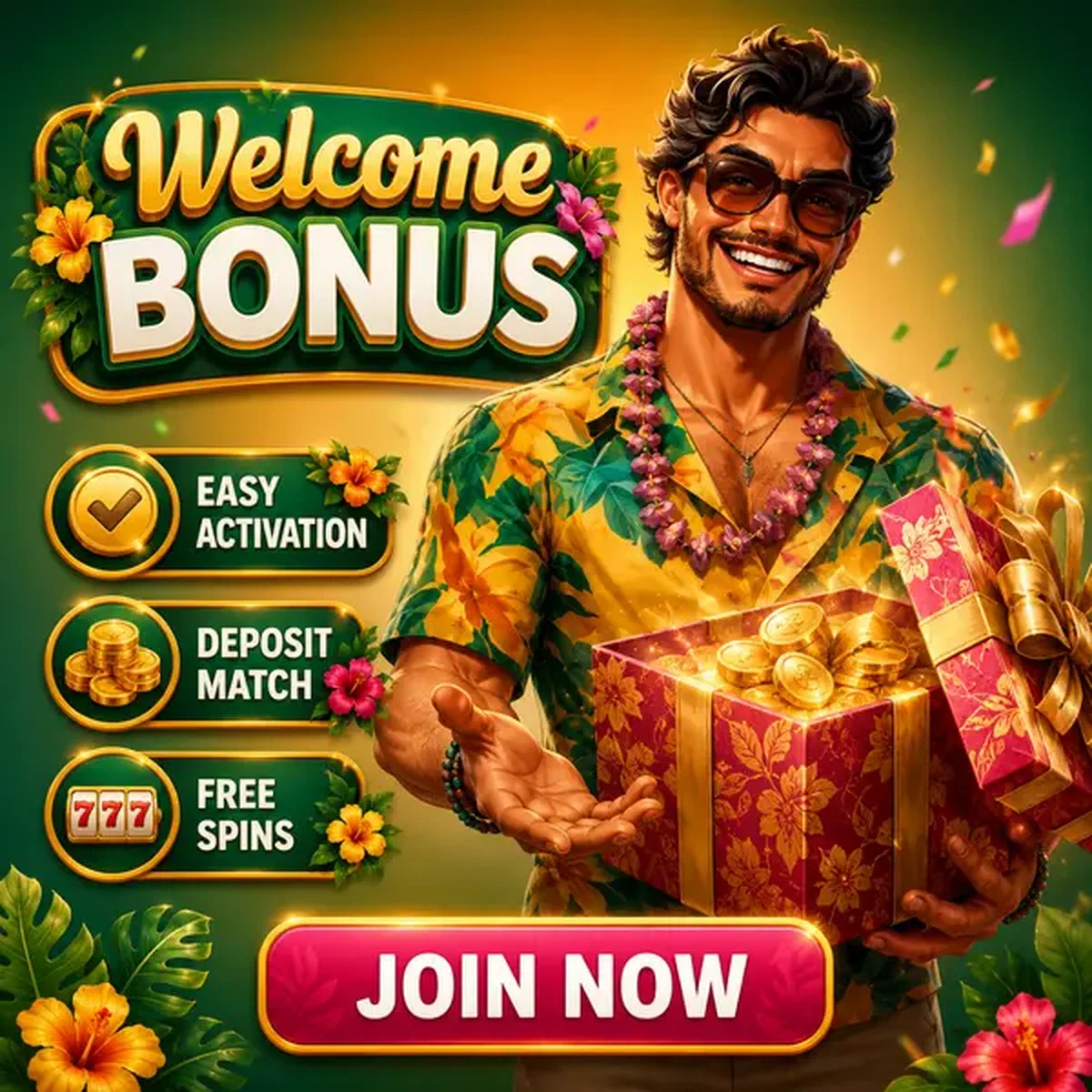 Hôte de fête dévoilant la boîte cadeau du bonus de bienvenue lors de la célébration de connexion Gambloria Casino