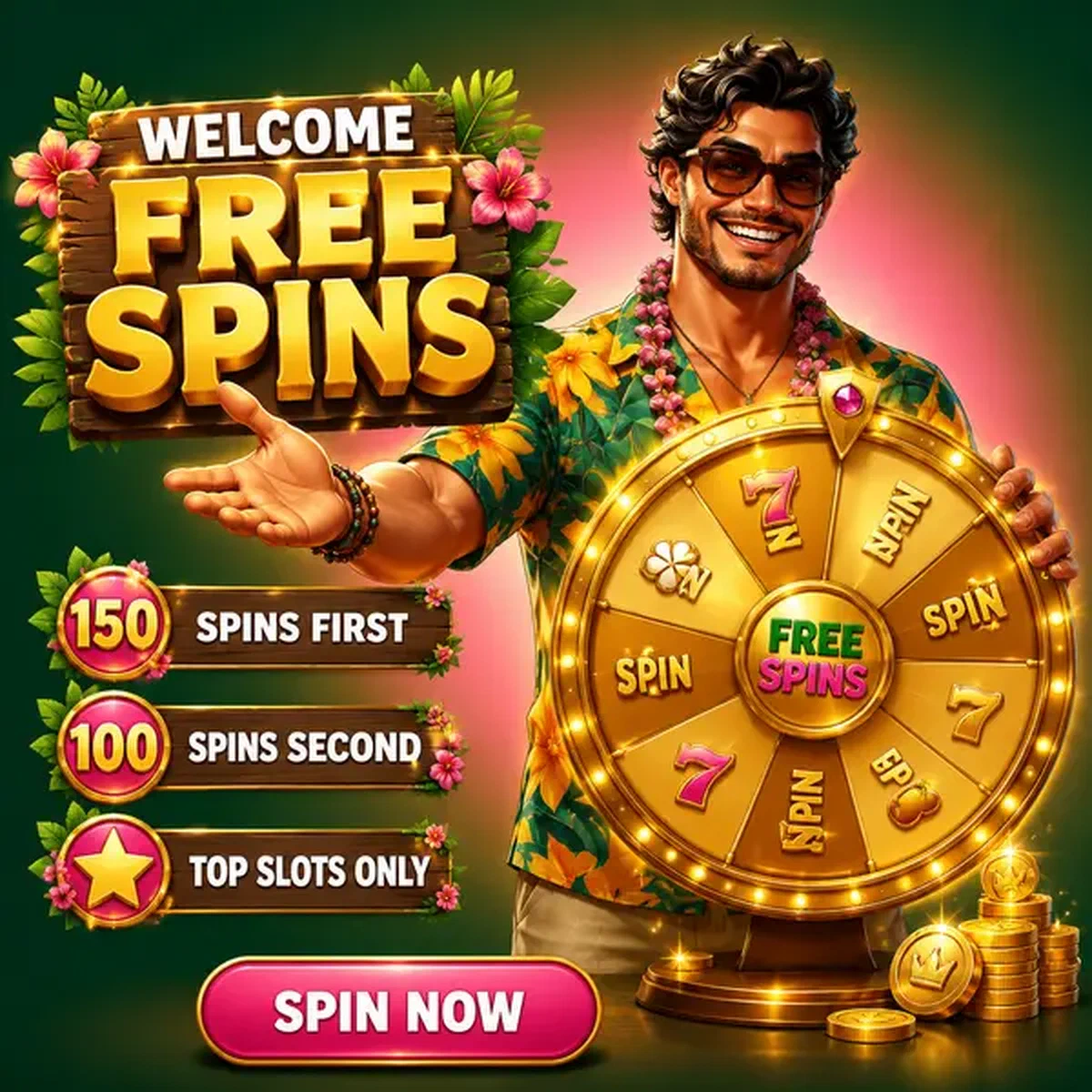 Hôte de fête présentant une roue de prix dorée avec des tours gratuits aux Tours Gratuits de Bienvenue sur les Machines à Sous Populaires