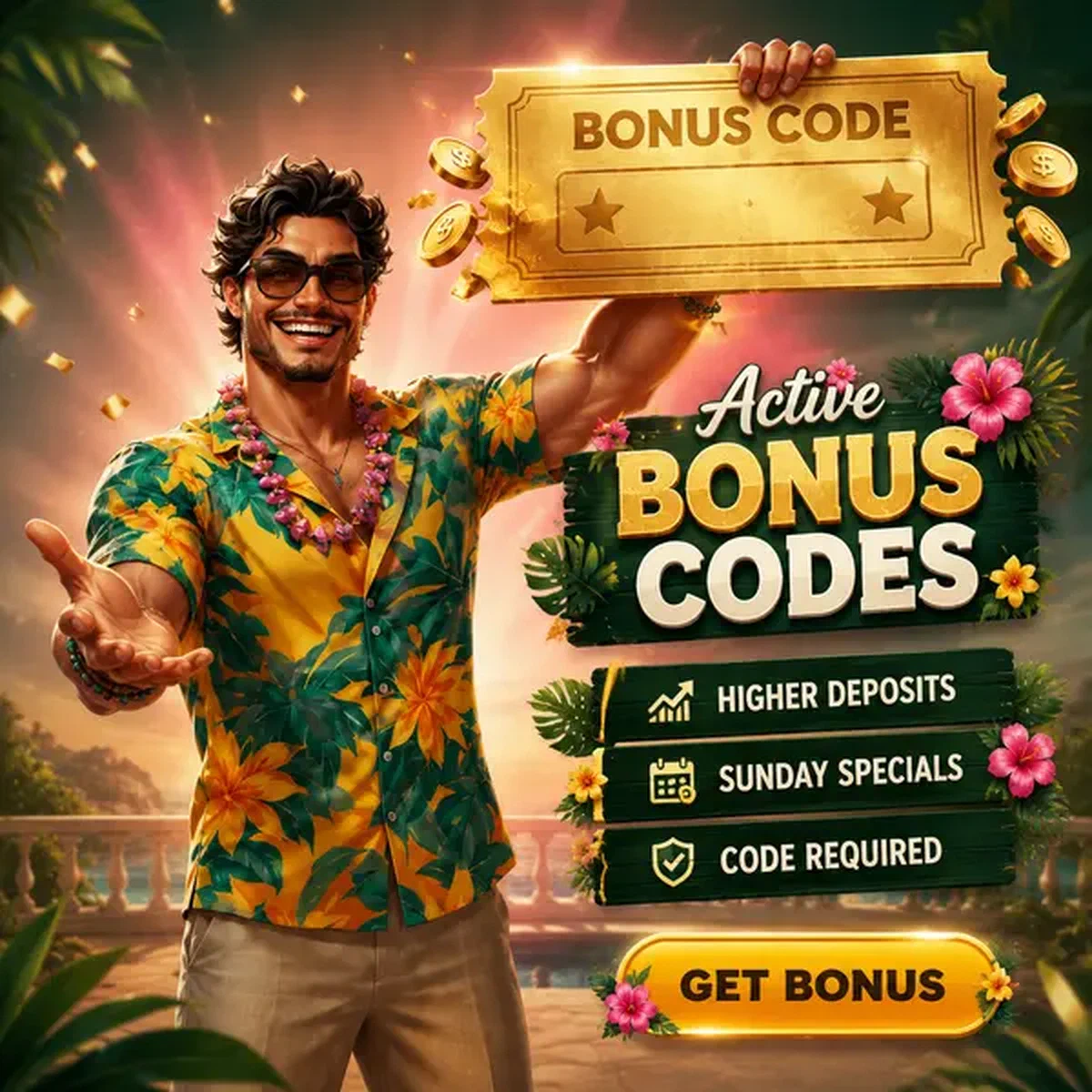 Joueur tenant un bon bonus doré avec l'offre promotionnelle Codes Bonus Gambloria Actifs