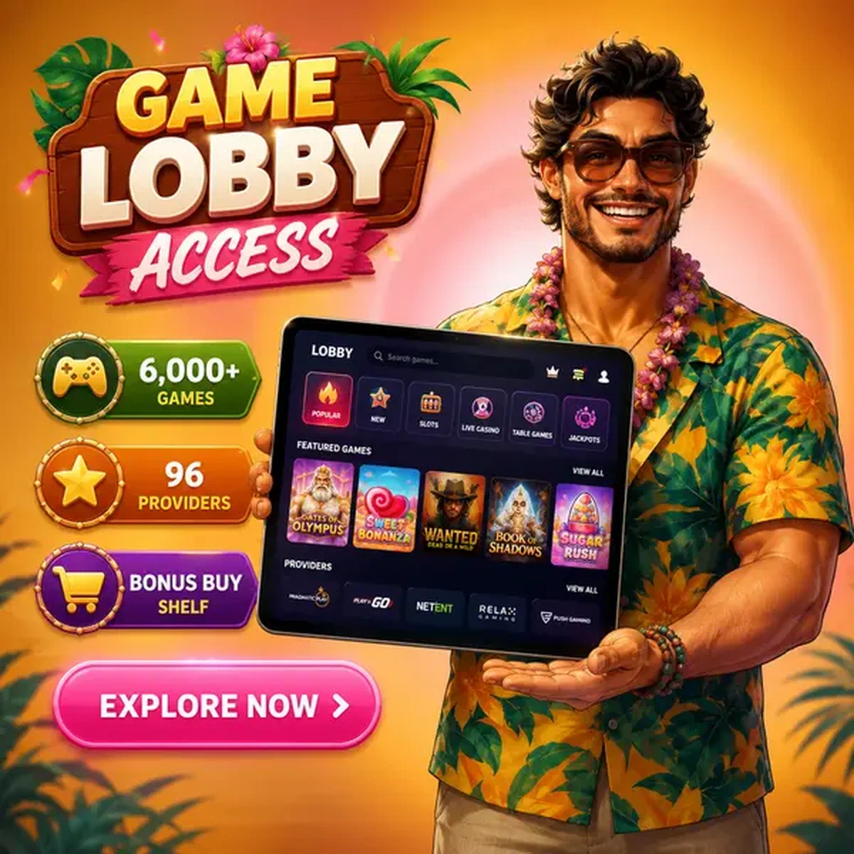 Hôte de fête présentant l'accès au lobby de jeux chez Gambloria avec 6 000+ jeux prêts à explorer