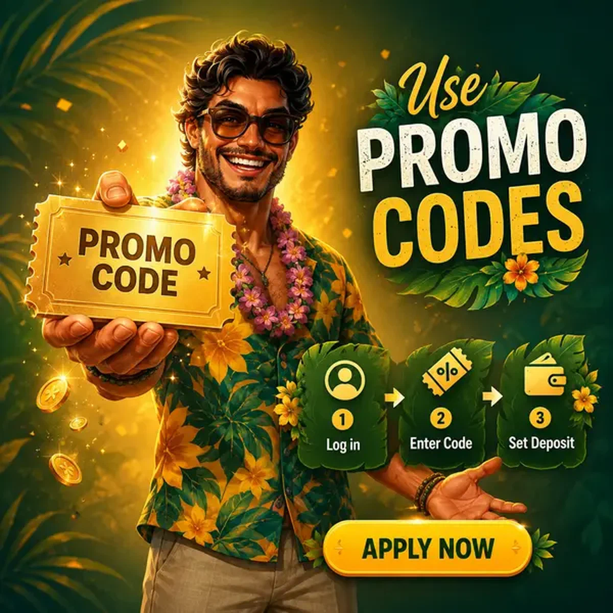 L'hôte de fête présentant un bon de code promo doré au bureau d'accueil de Gambloria