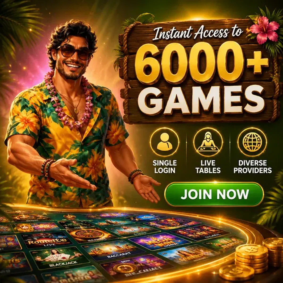 Hôte énergique accueillant les joueurs pour s'inscrire à l'Accès Instantané à 6 000+ Jeux Après Inscription