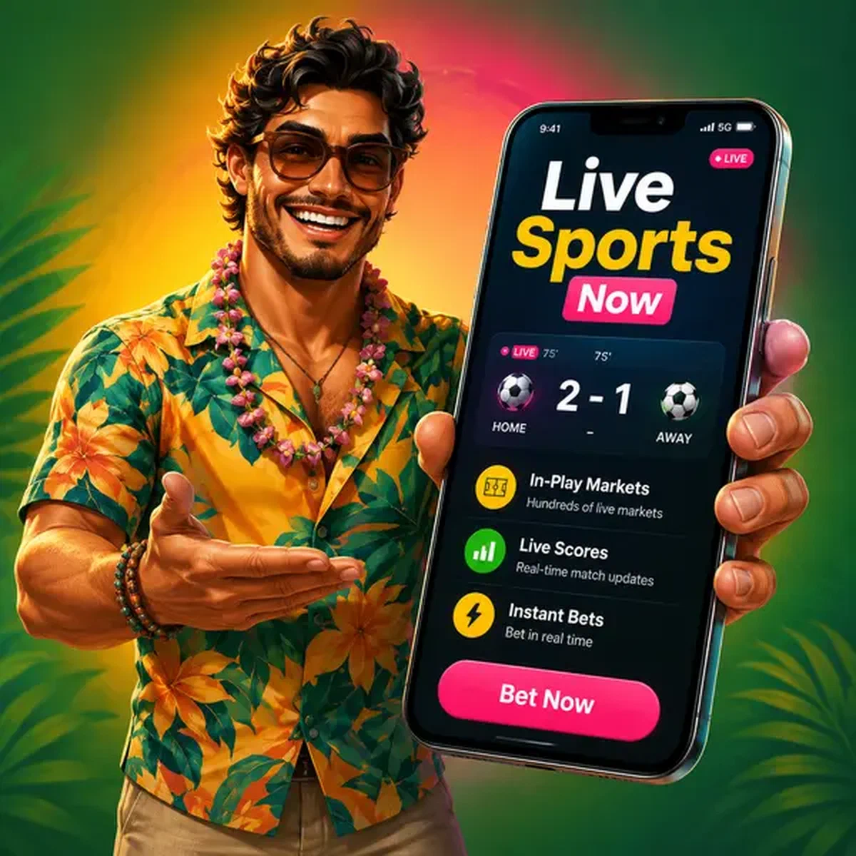 Personnage présentant un smartphone de paris sportifs au portail Sports en Direct et Paris en Jeu Maintenant