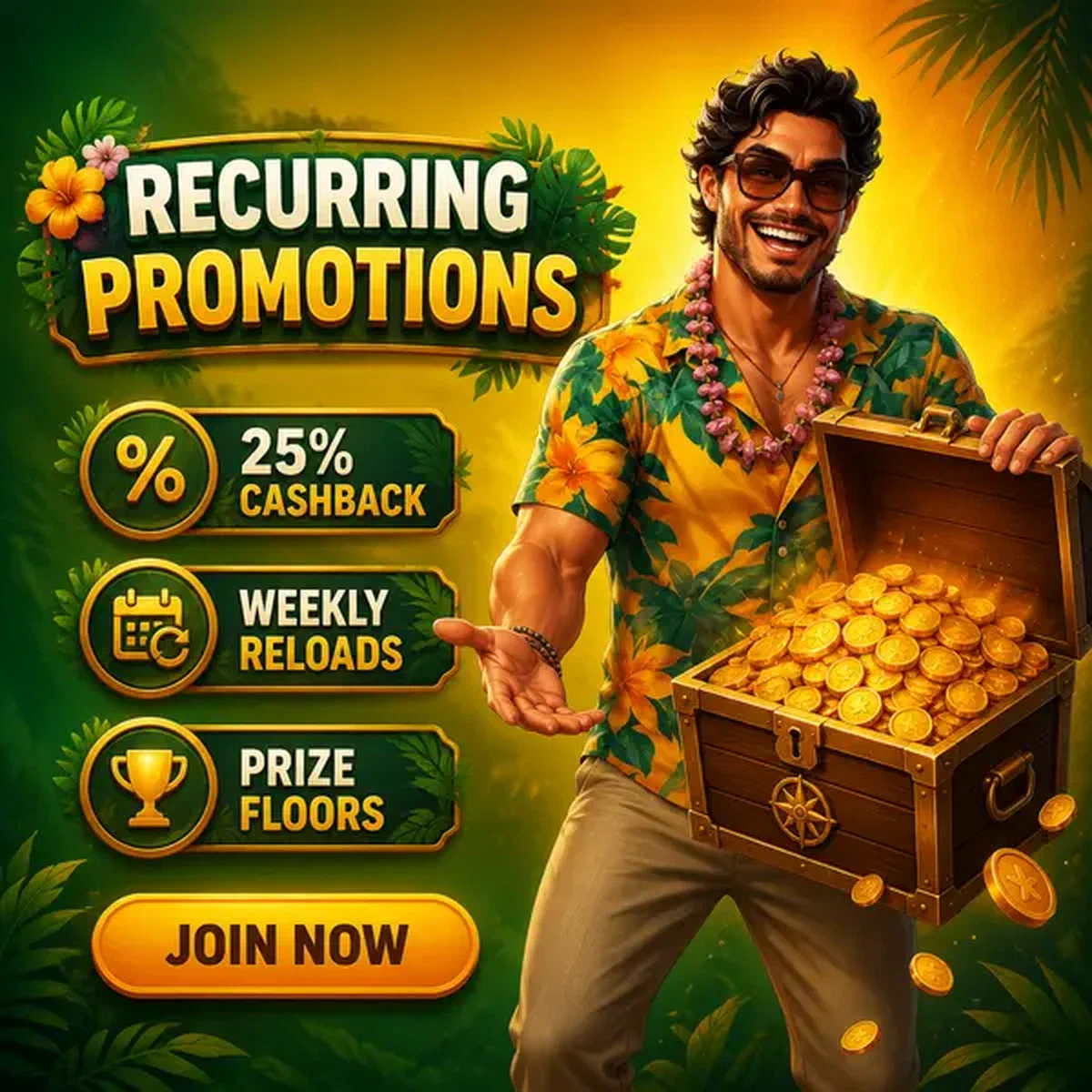 Hôte exubérant présentant un coffre au trésor de promotions récurrentes dans le casino Gambloria vibrant